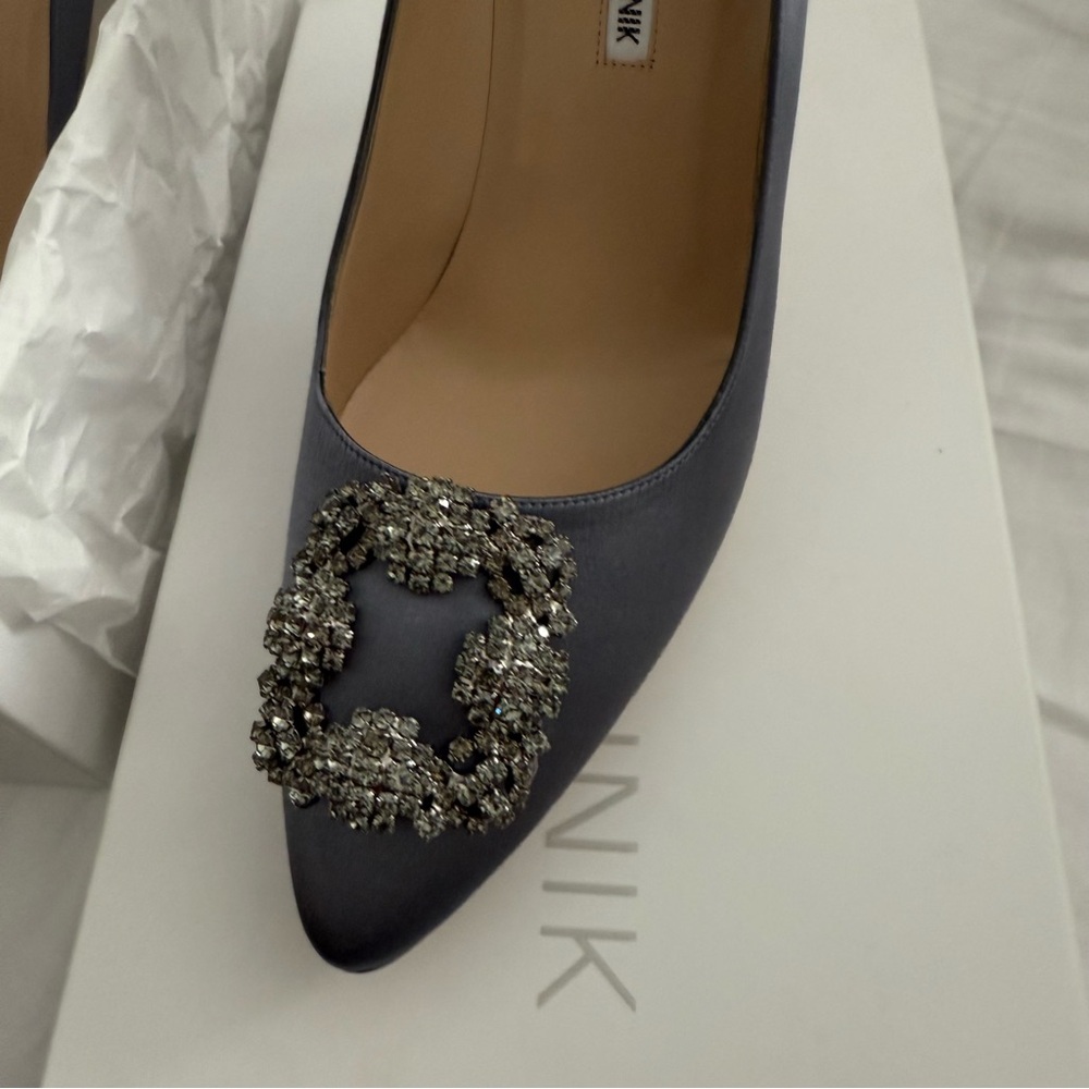 Manolo Blahnik Gray Satin Hangisi Jewel Buckle Heels - Picture 3 of 12